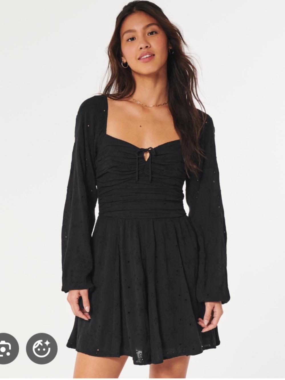 HOLLISTER Black Long-Sleeve Smocked Waist Mini Dress w/Shorts, Floral Design Med